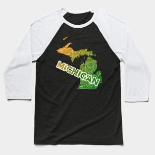 Colorful mandala art map of Michigan with text in green and orange Baseball T-Shirt